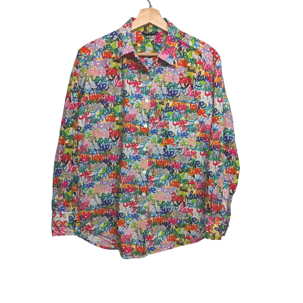 APNY Women's S Long Sleeve Button Up Blouse Rainbow Love Grafitti Print Artsy - Picture 2 of 10
